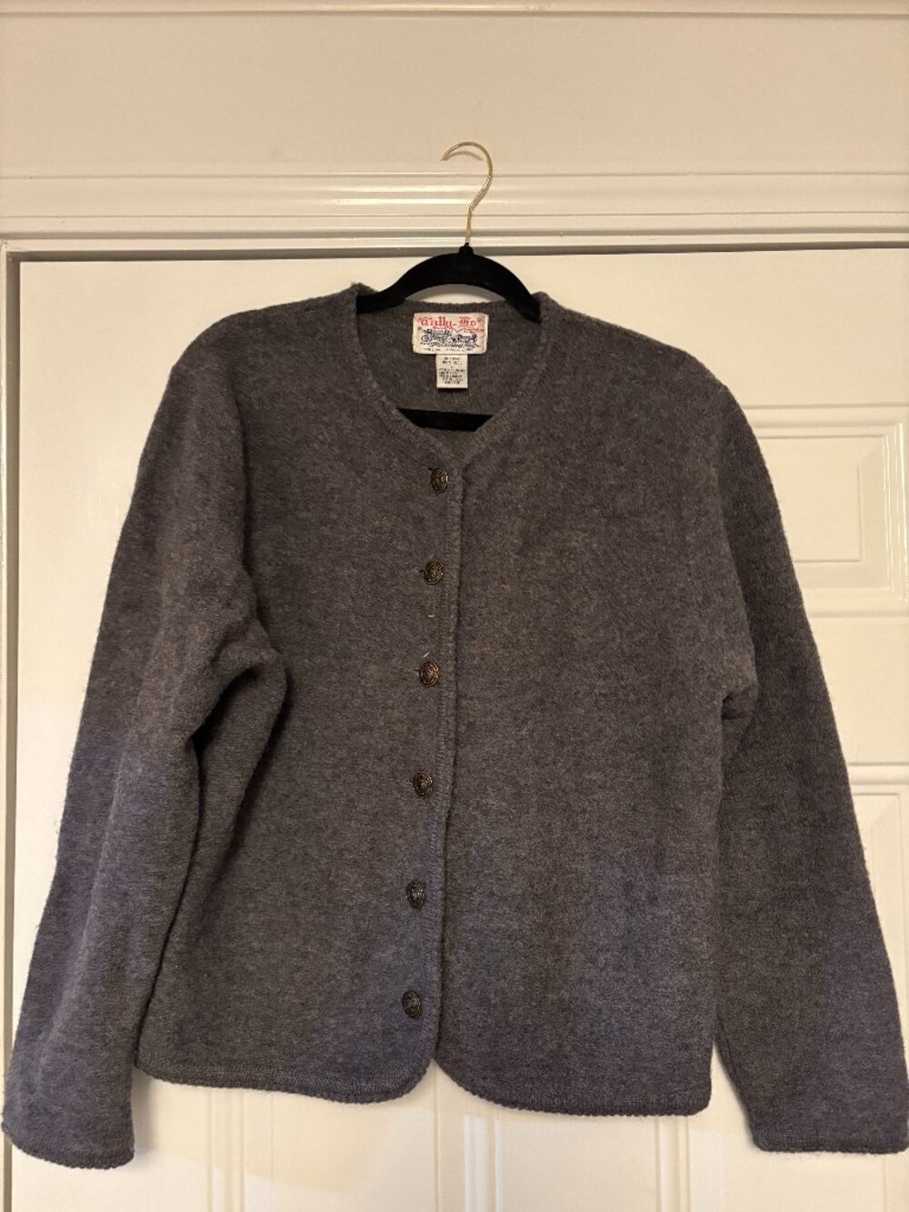 Vintage 80s 90s Tally-Ho Charcoal Gray 100% Wool Button Cardigan Sweater Large